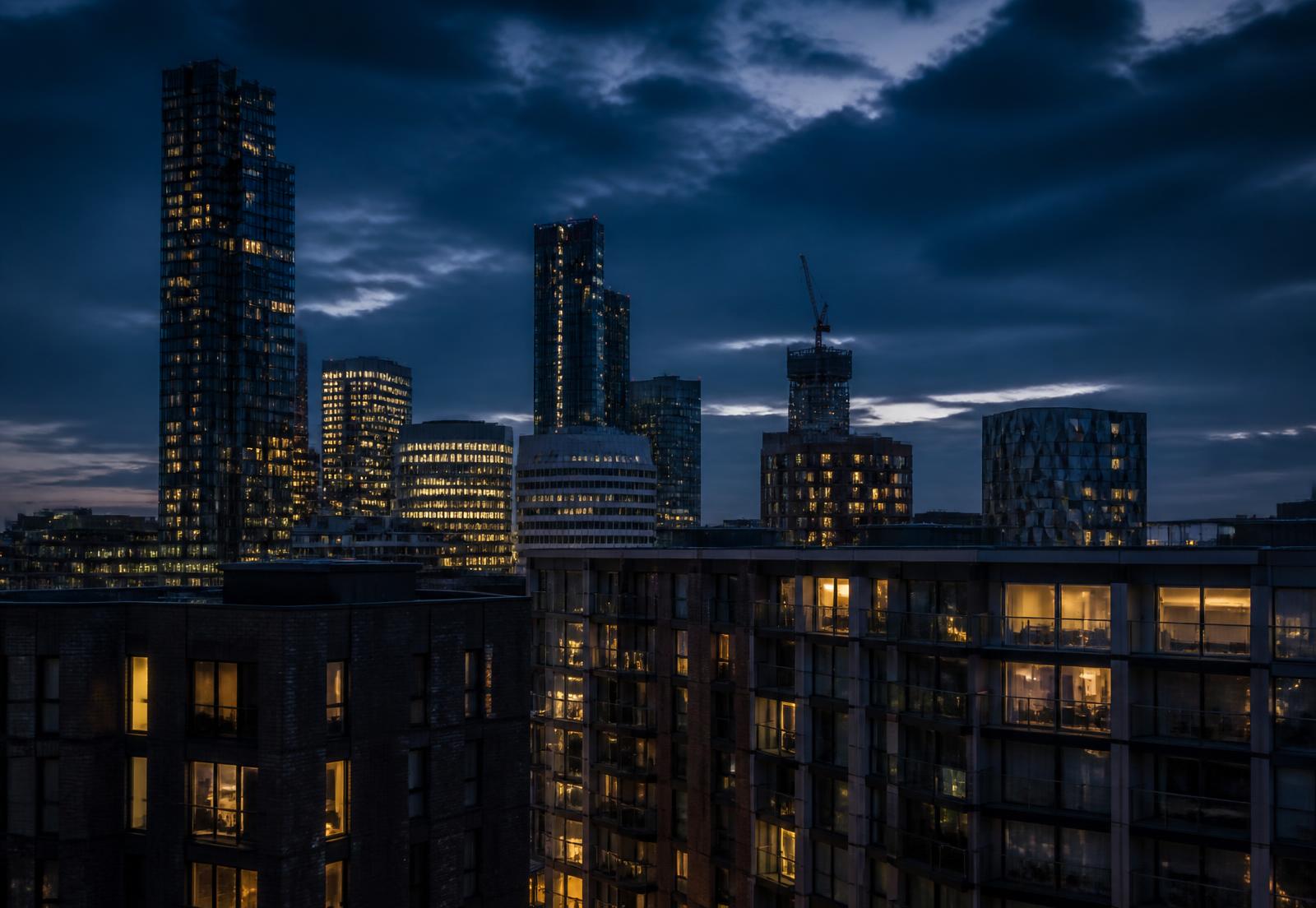 UK city skyline at dusk